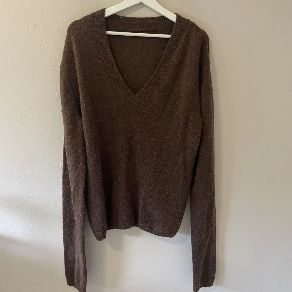 The Frankie Shop Oversized Brown V Neck Sweater Alpaca Wool Blend XS/S